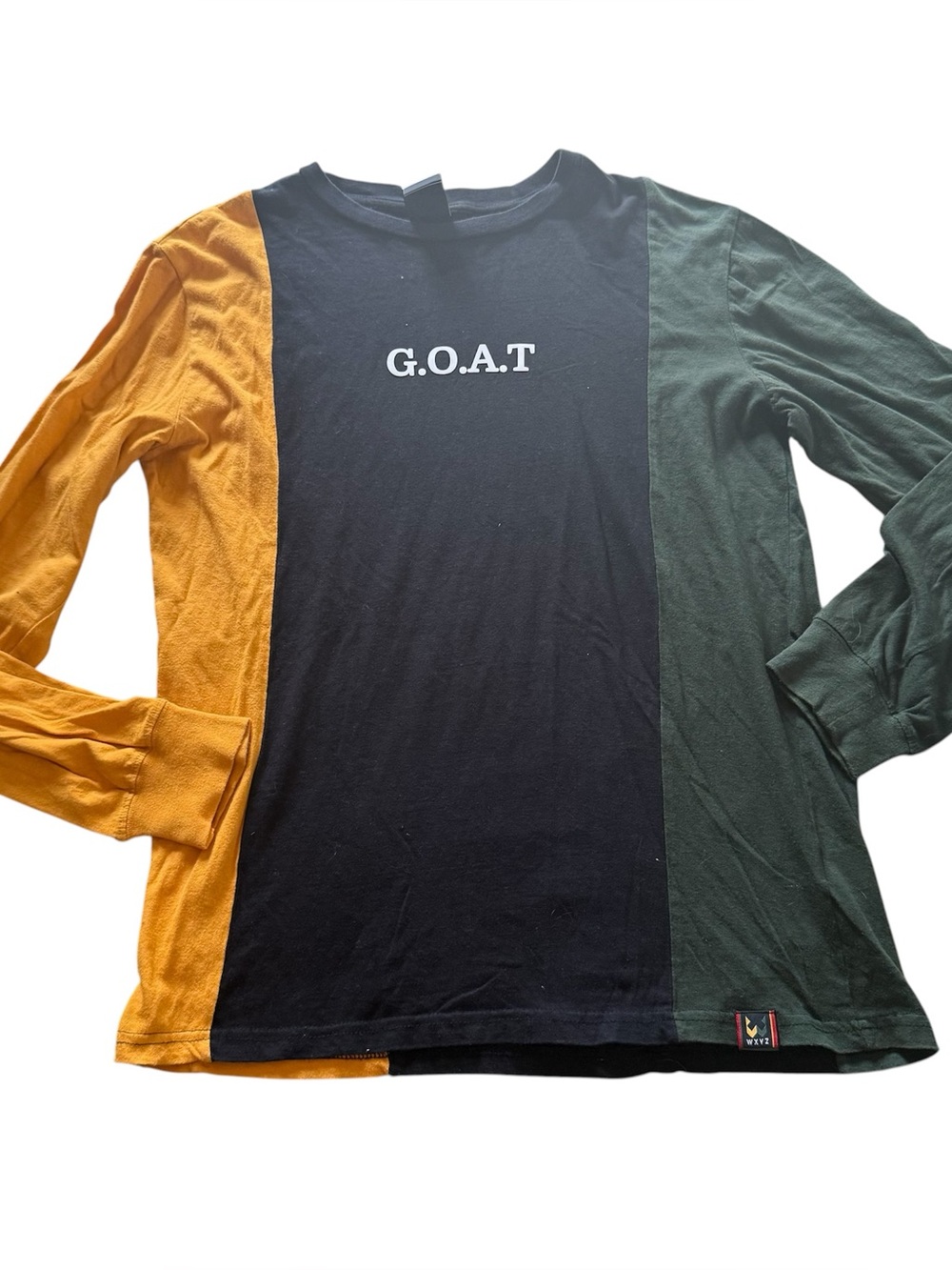 WXY2 G.O.A.T Colorblock Long Sleeve Tee Green Mustard Streetwear Graphic Shirt